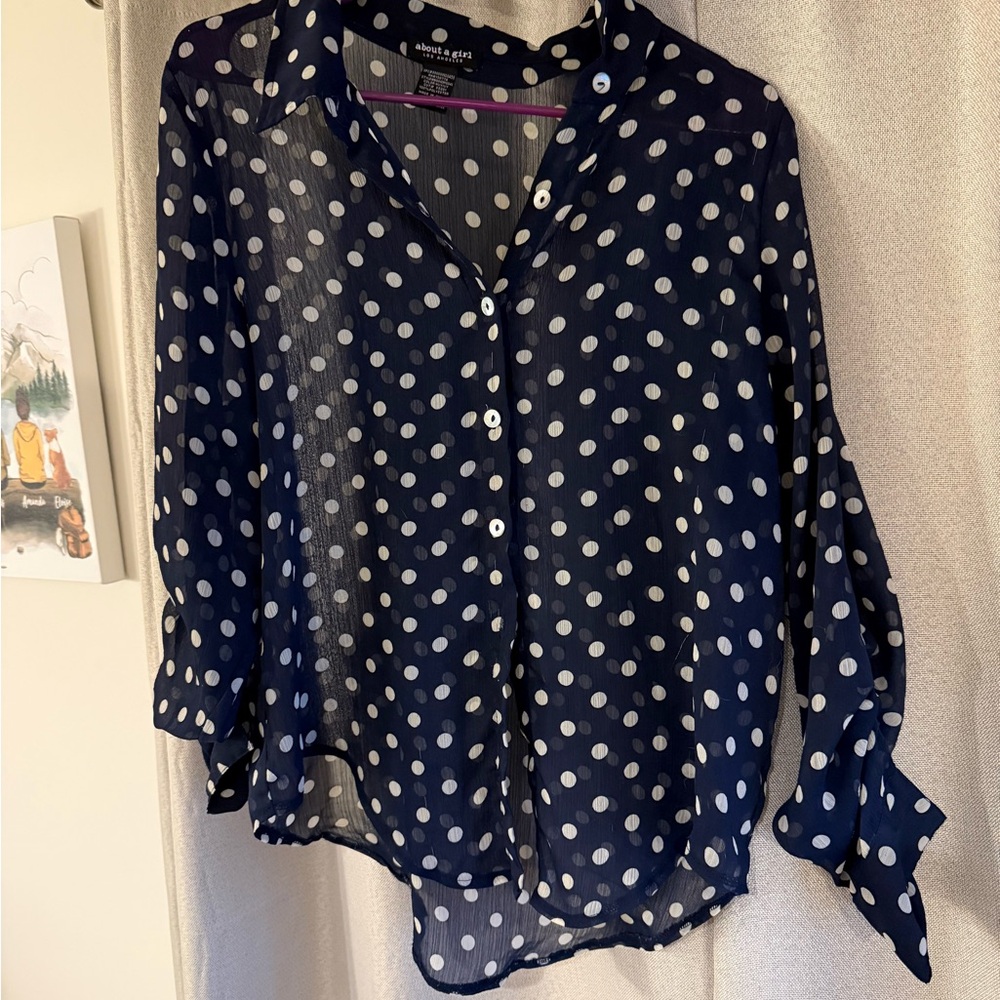 About A Girl Navy and White Polka Dot Blouse